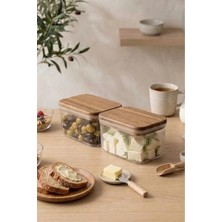 Kitchen Life 2'li Küçük Boy Etiketli Ahşap Kapaklı Vakumlu Dikdörtgen Kavanoz Seti 900 ml