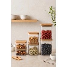 Kitchen Life 6'lı Etiketli Ahşap Kapaklı Vakumlu Dikdörtgen Kavanoz Seti(2x2,7lt-2x1,6lt-2x 900ML)