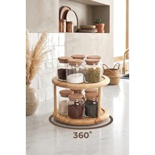 Kitchen Life 11 Parça Bambu Kapaklı Vakumlu Döner Bambu Standlı Etiketli Cam Baharatlık Seti Kavanoz