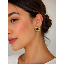 Guvdin Mavi Taşlı Gold Çiçek Model Küpe Şık Tasarım Kadın Küpe