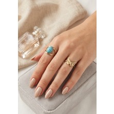 Mia Donna Jewelry Mia Donna Mavi Firuze Taşı Mavisi ve Kelebek Model Gold Renk Ikili Kombin Yüzük