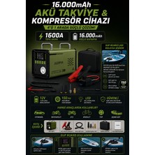 Kılıforyum Sup Board Şişirme Uyumlu 16000MAH 1600A Akü Takviye ve Hava Kompresörü | 4'ü 1 Arada Marş Basma Cihazı | 12V 150 Psı | LCD Ekran | LED Fener | Powerbank