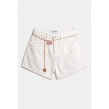 It's Basic Kadın Ekru Özel Kumaş Güllü Kemerli Tasarım Mini Denim Şort