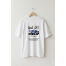 Maison De Mode Oversize Unisex Beyaz Gtr R34 Araba Ön-Arka Grafik Baskılı Jdm Tasarım Hızlı ve Öfkeli T-Shirt
