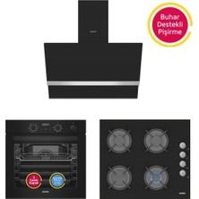 Simfer Steam Master Siyah Cam 3'lü Ankastre Set (8244 Fırın + 3500 Ocak + 8738 Davlumbaz)