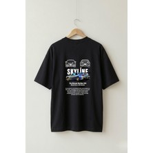 Maison De Mode Oversize Unisex Siyah Gtr R34 Araba Ön-Arka Grafik Baskılı Jdm Tasarım Hızlı ve Öfkeli Tişört