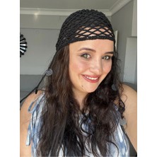 Guvdin El Yapımı Örgü Bohem Siyah File Yazlık Bere, Yazlık Şapka, Bandana, Toka Plaj Saç Aksesuarı