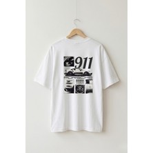 Maison De Mode Oversize Unisex Beyaz 911 Turbo Araba Ön-Arka Grafik Baskılı Jdm Tasarım Tişört