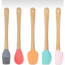 Ett 5&amp;#39;li Renkli Ahşap Saplı Silikon Uçlu Spatula Fırçalı Kaşık Seti -Yemek Hazırlık Seti 21 cm