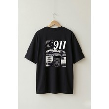 Maison De Mode Oversize Unisex Siyah 911 Turbo Araba Ön-Arka Grafik Baskılı Jdm Tasarım Tişört