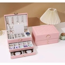 Elarque Makyaj & Takı Organizeri Pembe Dışı Deri Içli Kadife Çok Katlı Takı Organizeri