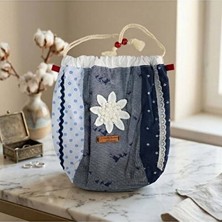 Elarque Bebek Bakım Çantası El Yapımı Gri Mavi Çiçek Detaylı Organizer Çanta, Şık ve Fonksiyonel