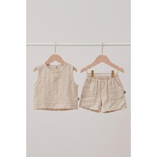 Kokoro Mother & Baby Unisex Keten Çocuk Takımı – Bej Kolsuz Bluz & Şort 2'li Yazlık Çocuk Giyim Seti
