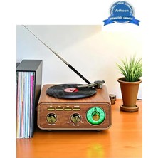 Magicool Nostaljik Tasarım Plak Çalar Görünümlü Radyolu Bluetooth Hoparlör Retro Müzik Plak Açık Kahverengi
