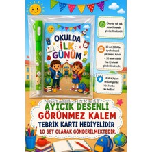 Nostaljik Lezzetler Okulda Ilk Günüm Yazılı 10 Adet Hediye Seti 1. Sınıf- Sene Başı Ayıcık Desenli Görünmez Kalem Tebrik Kartı Hediyeli