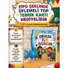 Nostaljik Lezzetler 5 Adet Öğrencilere Özel Okulda Ilk Günüm Yazılı Hediye Seti 1. Sınıf- Sene Başı Pipo Şeklide Üflemeli Top Tebrik Kartı Hediyeli