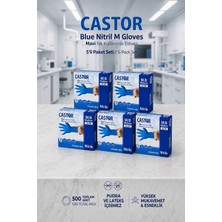 Castor CN-200 Pudrasız Mavi Nitril Muayene Eldiveni 5'li Paket Seti (M/8 Medium Boy - Toplam 500 Adet)