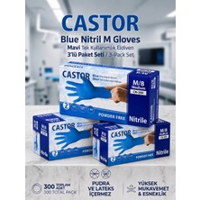 Castor CN-200 Pudrasız Mavi Nitril Muayene Eldiveni 3'lü Paket Seti (M/8 Medium Boy - Toplam 300 Adet)