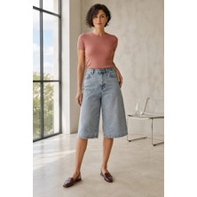 Ivoire Wear Açık Mavi Yüksek Bel Geniş Paça Bermuda Denim Kadın Şort