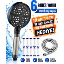 AKD 6 Fonksiyonlu Yüksek Basınçlı Filtreli El Duş Başlığı Seti – 10 Yedek Filtre ve Paslanmaz Duş Hortumu Dahil