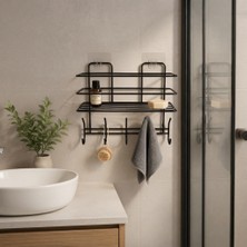 Riya Home Ev & Dekorasyon Yapışkanlı Banyo Rafı 10 Askılıklı Duş Rafı Delmesiz Montaj Siyah Metal Düzenleyici
