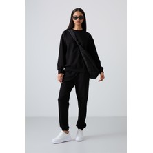 Tommy Life Siyah Basic Pamuklu O Yaka Rahat Form Lastik Paça Kadın Eşofman Takım - 95287