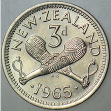 Banknoting Yeni Zelanda 3 Pence 1965 Kraliçe Iı. Elizabeth. Çil.