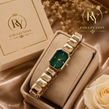 Ry Collections Spectrum Premium Kristal Taşlı Yeşil Kadranlı Gold Kordonlu Model Saat