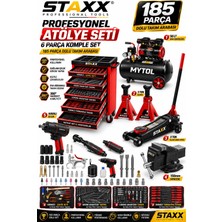Staxx Power 185 Parça Profesyonel Atölye Seti | 6'lı Servis Paketi | Takım Arabası + Kompresör + Kriko + Mengene