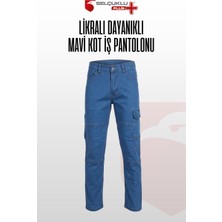 Selçuklu Plus Likralı, Diz Dikişli, Kargo Cepli, Esnek, Dayanıklı Mavi Kot Iş Pantolonu