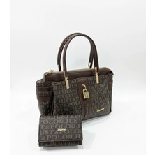 Just Polo Kadın Lüks El & Omuz Çantası Gold Detaylı Özel Tasarım Çanta ve Uyumlu Cüzdan 22X28 cm