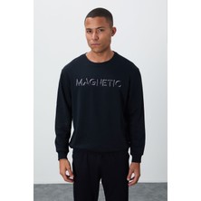 Tommy Life Lacivert Yazı Nakışlı O Yaka Rahat Form İçi Polarlı Erkek Sweatshirt - 88020