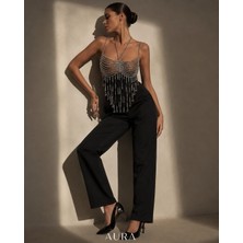 Aura Design Studio Aura Gümüş Renk Katmanlı Zincir ve Damla Taş Detaylı Kadın Body Chain Parti Aksesuarı, Vücut Aksesuarı, Büstiyer