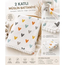 WinterSun Baby Ponpon Detaylı Kalpli Desenli 2 Kat Müslin Bebek Battaniyesi 80 x 90
