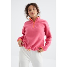 Tommy Life Şeker Pembe Yarım Fermuar Etek Ucu Büzgülü Dik Yaka Oversize Kadın Polar Sweatshirt - 97234