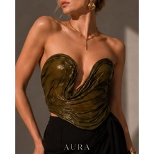 Aura Design Studio Aura Kadın Haki Yeşil Islak Görünümlü Heykelsi Drapeli Straplez Büstiyer – Derin V Yaka Abiye Üst