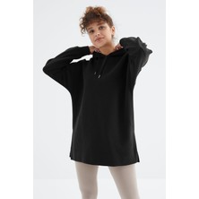 Tommy Life Siyah Reglan Kol Basic Kapüşonlu Oversize Sweatshirt Tunik - 97242