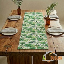 Düşler Ev Tekstili 40X120 Tropikal Palmiye Yeşil Çiçek Yaprak Monstera Desenli Su ve Leke Itici Duck Kumaş Yemek Masası Örtüsü Dikdörtgen Runner