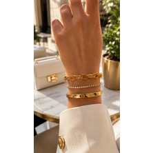 Adata Jewelry Çelik 3 Lü Altın Kaplama Zirkon Taşlı Kadın Kombin Bileklik Seti