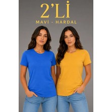 Modi Basic Bisiklet Yaka Yazlık Slim Fit T-Shirt - Mavi - Hardal Sarısı