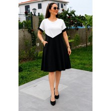 Alyn Wear Kadın Kısa Kollu Bisiklet Yakalı Önden Geometrik Şekil Detaylı Çift Renkli Kısa Viskon Elbise