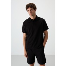 Air Jones Siyah Pamuklu Kalın Yumuşak Dokulu Polo Yaka Oversize Fit Basic Erkek T- Shirt - 88381