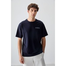 Air Jones Lacivert Pamuklu Kalın Yumuşak Dokulu Oversize Fit Baskılı Erkek T-Shirt - 88375