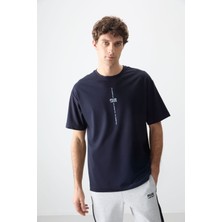 Air Jones Lacivert Pamuklu Kalın Yumuşak Dokulu Oversize Fit Baskılı Erkek T-Shirt - 88373