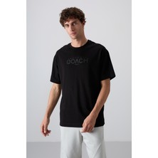 Tommy Life Siyah Pamuklu Kalın Yumuşak Dokulu Oversize Fit Baskılı Erkek T-Shirt - 88329