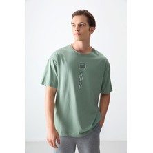 Air Jones Açık Yeşil %100 Pamuk Kalın Yumuşak Dokulu Oversize Fit Baskılı Erkek T-Shirt - 88355