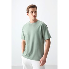 Air Jones Açık Yeşil Pamuklu Kalın Yumuşak Dokulu Oversize Fit Basic Erkek T-Shirt - 88377