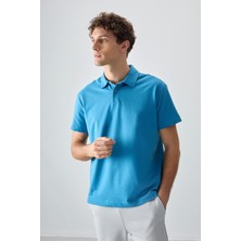Air Jones Petrol Mavi Pamuklu Kalın Yumuşak Dokulu Polo Yaka Oversize Fit Basic Erkek T- Shirt - 88381