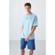 Tommy Life Açık Mavi Pamuklu Kalın Yumuşak Dokulu Oversize Fit Baskılı Erkek T-Shirt - 88321