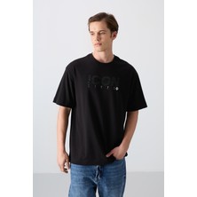 Tommy Life Siyah Pamuklu Kalın Yumuşak Dokulu Oversize Fit Baskılı Erkek T-Shirt - 88331